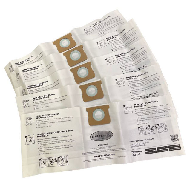 Order a Titan vacuum cleaner bags- 5 pack , suitable for use with 15 litre, 20 litre, 30 litre and 40 litre vacuums.

These are brand new compatible Non OEM bags that help your vacuum perform to the top of its capabilities to remove dirt and debris in an easily disposable bag.